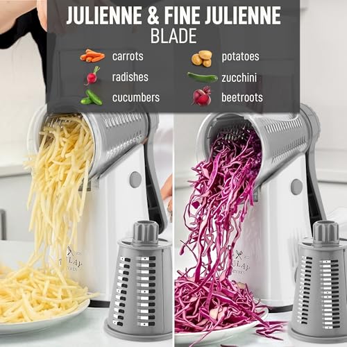 Image of Zulay Kitchen Rotary Cheese Grater 5 Blade Cheese Shredder - Manual Hand Crank Cheese Grater With Reinforced Suction & 5 Interchangeable Drums - Easy to Use, Vegetable Chopper Round Mandoline Slicer