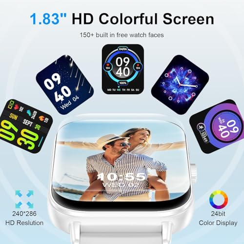 Smart Watch for Women Men, 1.83" HD Touch Screen Fitness Tracker with Bluetooth Calling/150+ Sports Modes/Pedometer/Heart Rate/SpO2/Sleep Monitor, IP68 Sports Smartwatch for Android & iOS (White) - Image 5