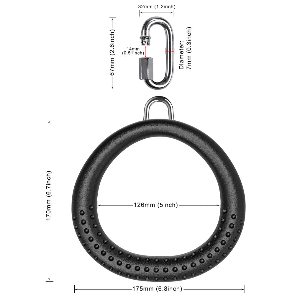 Dolibest 2PCS Round Trapeze Swing Bar Rings with Carabiners, Swingset Accessories Outdoor for Ninja Swing Set Accessories Monkey Ring, Obstacle Ring Swing Toys Set for Kids Black