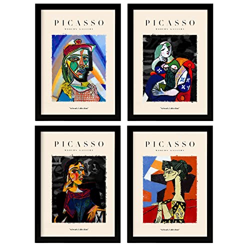 Nacnic Set de 4 Ilustraciones de Picasso. Colección del Duelo. Ilustraciones Coloridas en estilo Galería de Arte. Decoración de Interiores. A4 con marco negro.