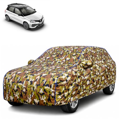 Image of Waterproof Car Body Cover for Toyota Etios with Mirror Pocket| Cotton Inner Lining | Triple Stitched | All Weather Protection | Dust, UV & Rain Proof (Camouflage with Blue Piping)