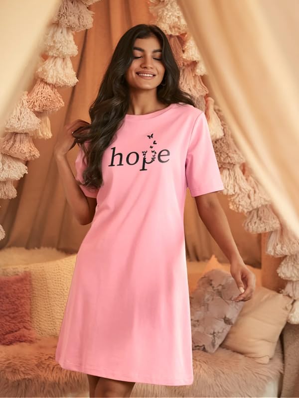 Image of Fflirtygo Women's Cotton Nighty | Printed Knee Length Night Gown |Relaxed Fit Nightwear |Short Nightdress| Long T-Shirt | Sleepwear & Casual Wear Nighty (Pack of 2)