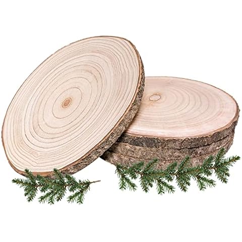 Wood Rounds 4 Pcs 10"-12 Inch Large Wood Slices for Centerpieces Unfinished Rustic Wood Slices for Wedding,Table Centerpieces,Décor,Crafts,DIY Projects Cover