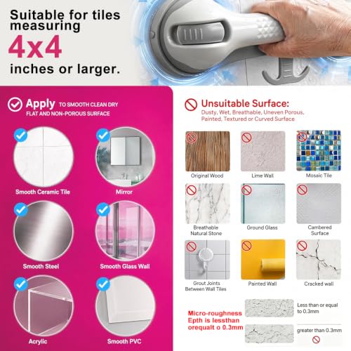 Grab Bars for Shower,Shower Handle with 3 Heavy Duty Suction Cups, Removable Bathtub Handrails for Elderly, No Drilling Waterproof Bathroom Safety Grip (Pewter) by NUONU - Used condition - Image 4