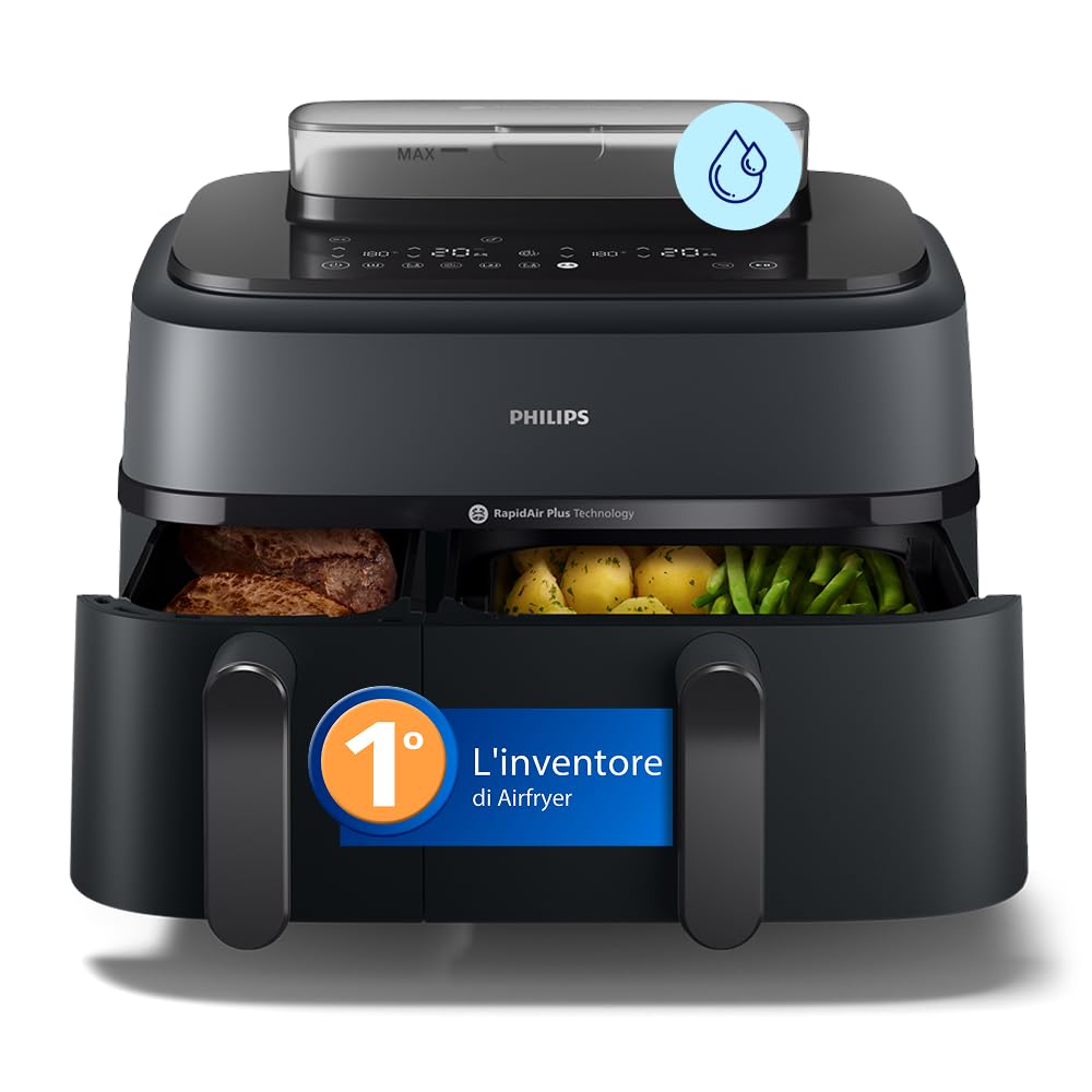 Philips Airfryer 5000 - Friggitrice ad aria Doppio Cestello 9L, Vapore | Doppio Cestello 3L + 6L, Steamfry ad aria o vapore, Pulizia automatica SteamClean, Ceramica PFAS Free, App HomeID (NA550/00)