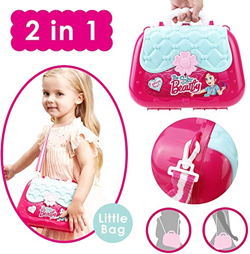 31 PCS Kids Princes Makeup Set Pretend Cosmetics Children Role Play Jewellry Kit Dress Up Kit with Carry Case Dressing Table Hair Dryer Nail Polish ToyBirthday Gif for Toddlers Girls