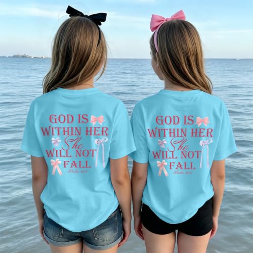 Image of Girls Christian Tees God is Within Her Jesus Shirt for Kids Faith Cute Graphic Bow Tshirt Inspirational Religious Top