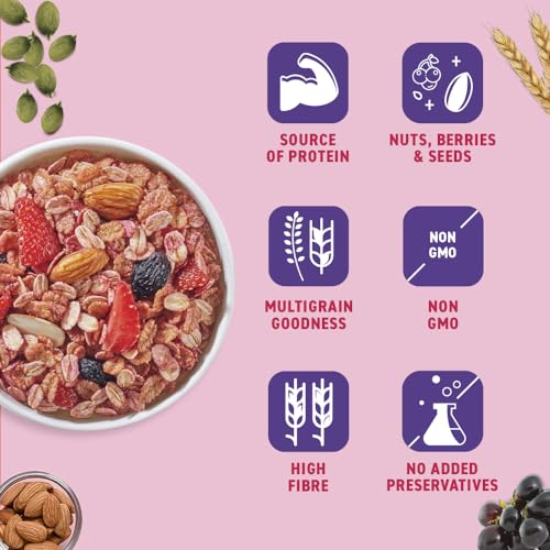 Image of Bagrry's Crunchy Nutty Fruity Muesli with Seed & Berries 425g | 78% Fruit, Nuts, Seeds & Multigrains | 99 Calories per serve | Rich in Fibre & Protein | No Artificial Preservatives or Colours | Breakfast Cereal