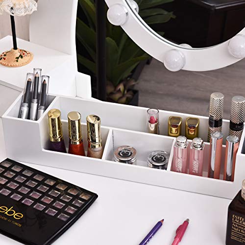 CHARMAID Vanity Table Set with Lighted Mirror, Makeup Dressing Table with 10 LED Lights, Touch Switch, 5 Drawers, Removable Organizer, 10 Dimmable Lights Makeup Table and Cushioned Stool Set (White)