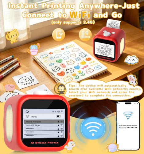 Image of AI Voice Sticker Printer, 3.5 inch HD Touchscreen Mini Thermal Inkless Printer with Ambient Light, WiFi Portable Sticker Maker Machine with 2000mAh Battery for Kids DIY, Journaling & Gift(Red)
