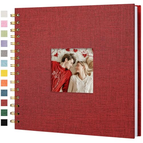 Hiwhy Scrapbook Photo Album Linen Cover, 8 x 8 Inch Hardcover Kraft White Pages Memory Book, for Travel Wedding Guest Book Christmas Baby Shower (20 Sheets/ 40 Pages,Red)