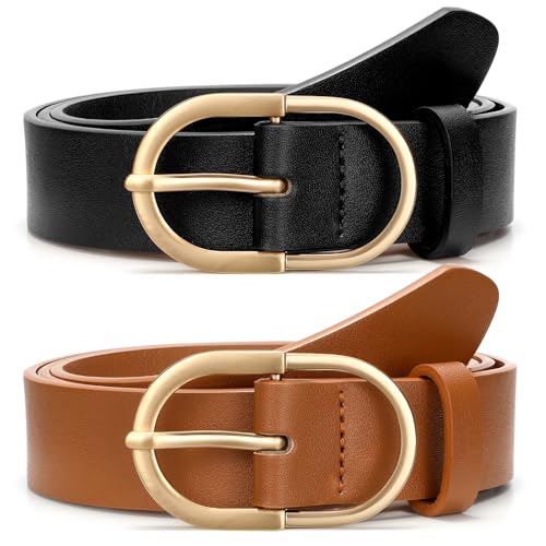 VONMELLI 2 Pack Women's Belts for Jeans Pants Fashion Gold Buckle Ladies Dress Belt