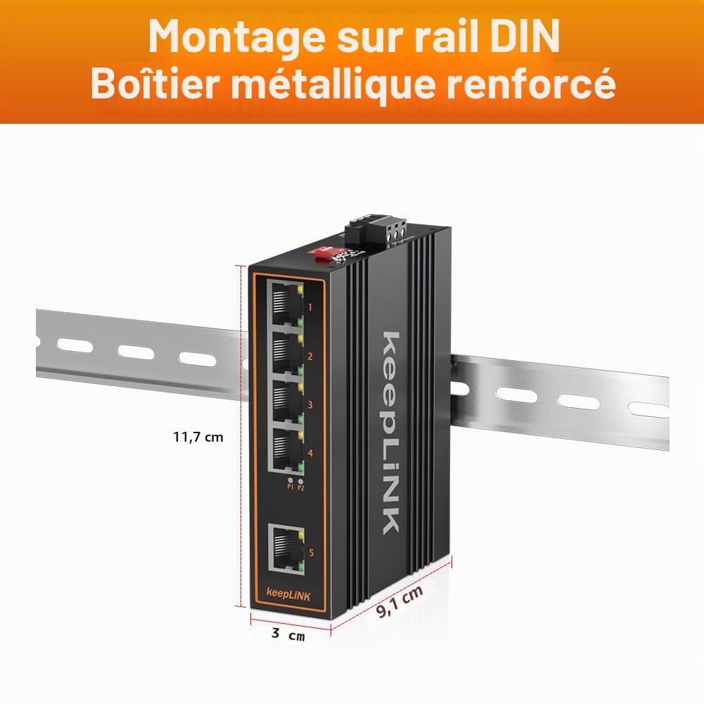 Commutateur PoE pour réseau Industriel Non géré 5 Ports, DIN Rail Mount Fast Ethernet 125 W, température opérationnelle IP40 -30° à 75°C (-22° à 167°F)
