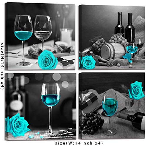 Kitchen Wall-Art - Wine Wall Decor For Bedroom Women Black And White Wall Pictures Modern Art Decorations For Living Room - Teal Rose Artwork - Gray Cask Canvas 14X14 Inches X4 Framed #TOP6
