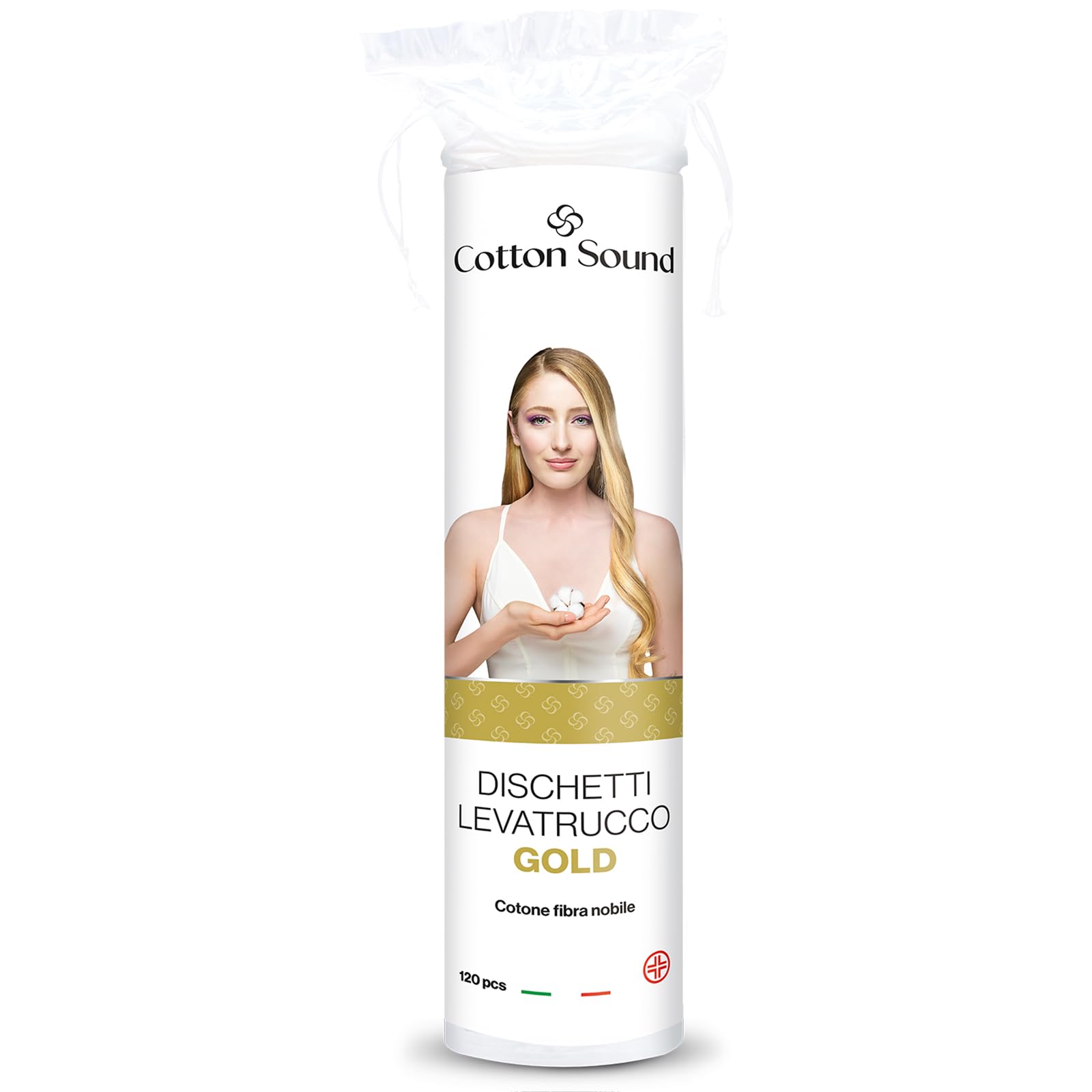 COTTON SOUND GOLD Dischetti Struccanti 120 Pezzi, Dischetti 100% Cotone, Adatti alle Pelli Sensibili, Ideali per la Rimozione del Trucco, Lato Liscio e Lato Goffrato, Made in Italy