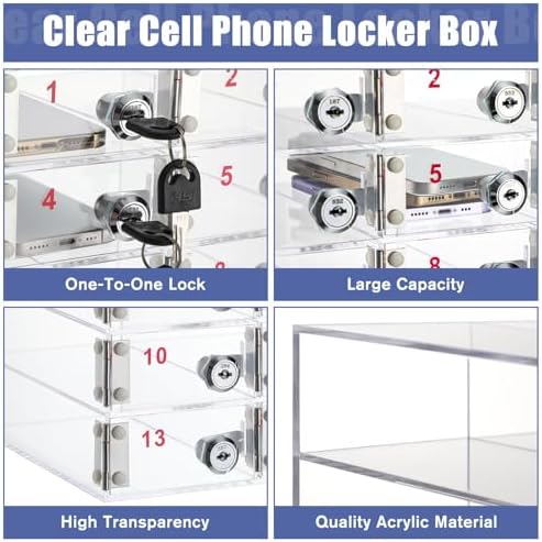 Acrylic Cell Phone Locker Storage Cabinet with Door Locks - 15 Slot Clear Organizer for Classroom, School, Office, Factory Employees - Secure & Convenient Solution