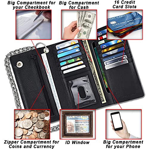 Image of F&L CLASSIC RFID Blocking Mens Tri-fold Long Style Cowhide Leather Steel Chain Wallet,Black