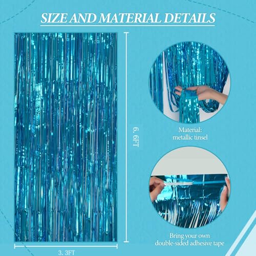Image of DECOCKRAT 2 Pack Foil Fringe Backdrop - Blue Shiny Tinsel Curtains for Party Decoration /Photo Booth Props - 3.3x6.6 FT Metallic Foil Backdrop for Birthday, Wedding, Graduation, Christmas.