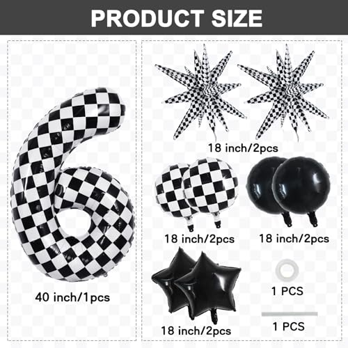 Image of TONIFUL 6th Birthday Balloons Kit 40 Inch Checkered Number 6 Foil Balloon