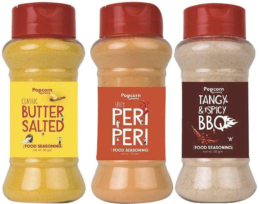 Image of Classic Butter Salted, Peri Peri, Tangy & Spicy Instant Seasoning Mix Combo Pack of 3 - Unique Blend of spices and Herbs for carbs - 200gm By Popcorn & Company