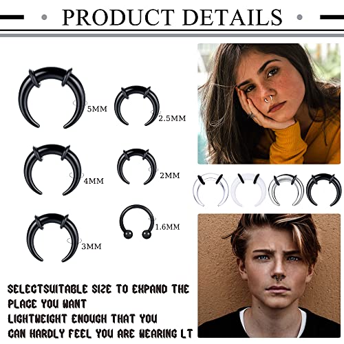 LOLIAS 16G-6G Septum Pincher Tapers Septum Rings Acrylic Stainless Steel Internally Threaded Spike Horseshoe Barbells Septum Pincher Nose Ear Cartilage Septum Stretching Kit for Women Men