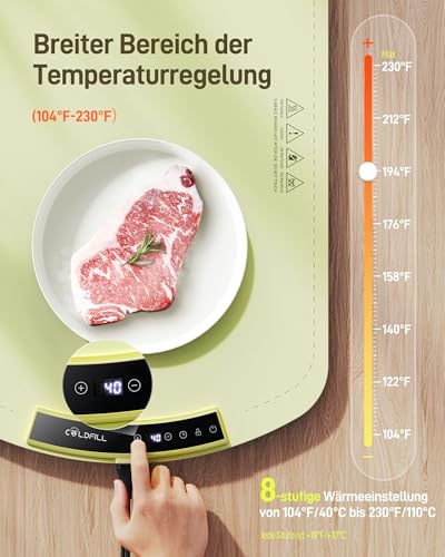 COLDFILL Warmhalteplatte Elektrisch - Faltbare Speisenwärmer 40-110℃ Einstellbare, Schnelle Heizung in 5S, 15mm Verbrühungsschutz, für Speisen Warm Halten, für Auftauen Buffet Server Party, Grün – Bild 3