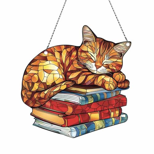 Image of Orange Tabby Cat Acrylic Ornament Gift for Book Lovers Christmas Decor