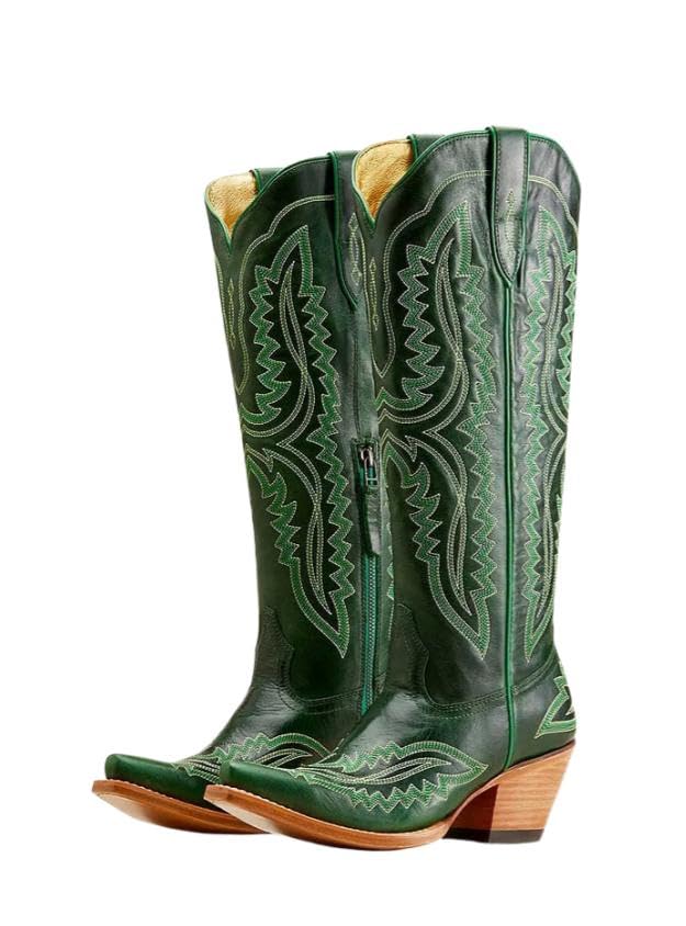 UniqueStride Womens Knee High Cowgirl Boots Western Cowboy Embroidery Chunky Heel Side Zipper Snip Toe Riding Biker Motorcycle