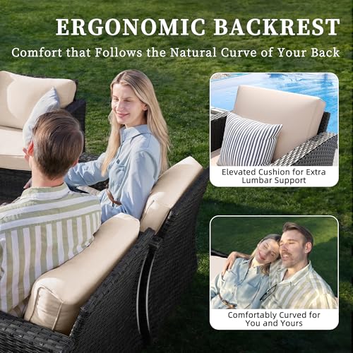 Image of UDPATIO Patio Furniture Set with Fire Pit Table, Rocking Swivel Chairs, 5 Pieces Outdoor Furniture Sets, All-Weather Wicker Outdoor Sectional Sofa with Waterproof Cover, 4'' Thickened Cushion, Khak