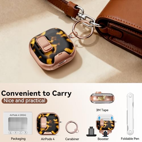 Image of for AirPods 4 Case, with Safty Lock & Phone Stand for Floral AirPods 4 Generation Case Cover for Women Girly, iPod 4 Case with Keychain & Cleaner Kit - Brown+Black Tortoise