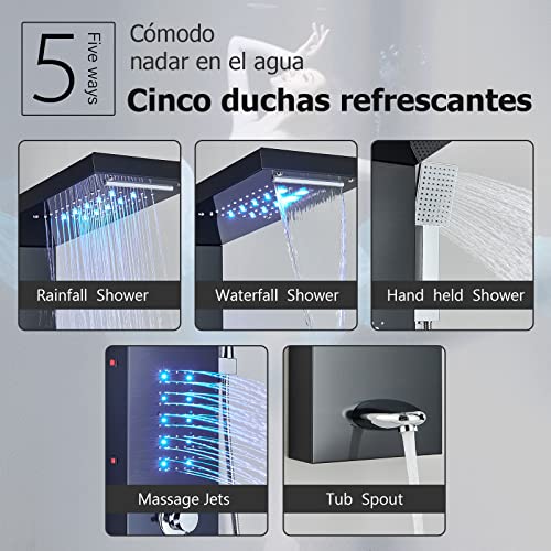 TVTIUO-Columna-de-Hidromasaje-LED-Negra-Columna-Ducha-Acero-InoxidableSistema-de-Ducha-5-funciones-Set-Ducha-de-Bano