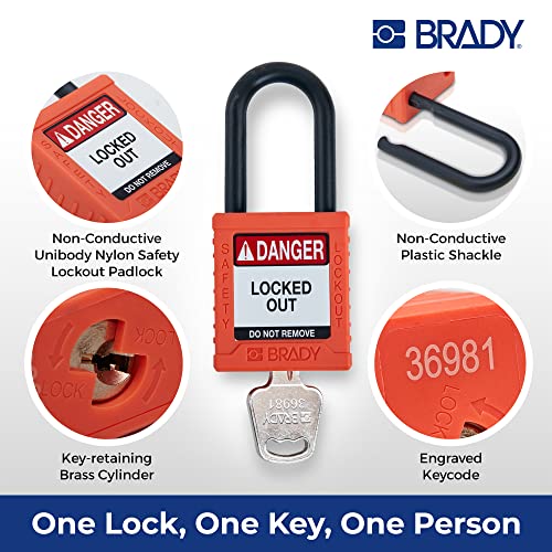 Image of Brady Safety Lockout Padlock Sets - 6 Pack - Orange - Keyed Alike Safety Lockout Padlocks - 1 Key Per Lock - SDPL-ORG-38PL-KA6