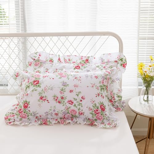 FADFAY Shabby Pink Rose Floral Print Pillowcases 100% Cotton Elegant