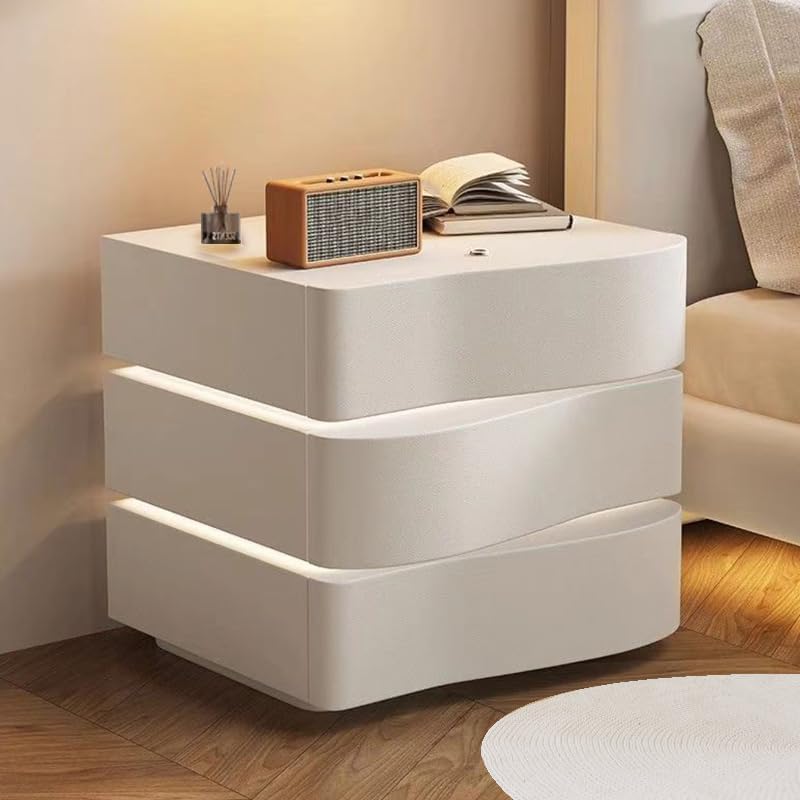 Modern Nightstand with LED Light, Leather Night Stand with Drawer, Solid Wood Bedside Table (3 Drawers, White)