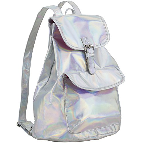 BJX Iridescent Reflective Luminous Holographic Flap Daypack Rusksack Bag Backpack, Shiny Silver