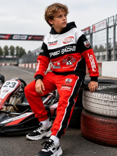 Image of Boy 2 Piece Outfits Long Sleeve Racing Hoodie Top and SweatPants Fall Winter Clothing Set Sizes 5-12 Years