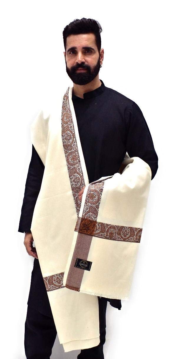 Indian Shawl Men’s Kashmiri Woollen Border Shawl/Lohi (Cream)