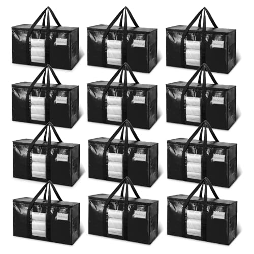 Image of TAILI Extra Large Moving Bags, 12 Pack Black Heavy Duty Totes For Storage with Visible Window, Wrap Around Handles, Storage Bags for Space Saving, Alternative to Moving Boxes