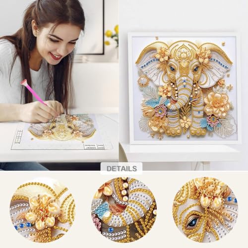 Image of Flavizo Diamond Painting Kit for Adults, DIY Craft with Drill Rhinestones Canvas, Creative Diamonds Artwork, Handmade Decoration Sparkling Home Wall Display (Yellow Elephant)