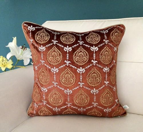 Image of TARA- Sparkling Homes 18 x 18 Inches Zari Embroidered Velvet Cushion Covers, 'Padmini' from 'The Royal Collection', Set of 1 (Burnt Orange, 18 x 18 Inches)
