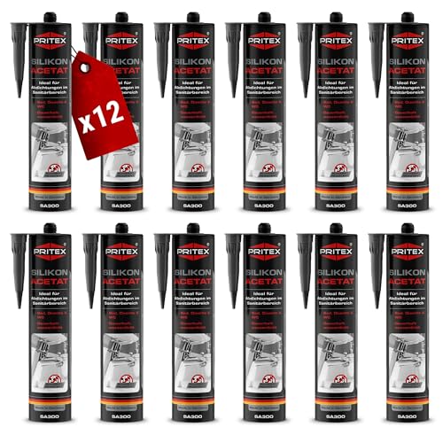 PRITEX Sanitär Silikon anthrazit 12x 300 ml zum Abdichten & Verfugen Acetat für Bad Dusche & WC wasserdicht & langlebig Fugendichtmasse mit sehr guter Haftung