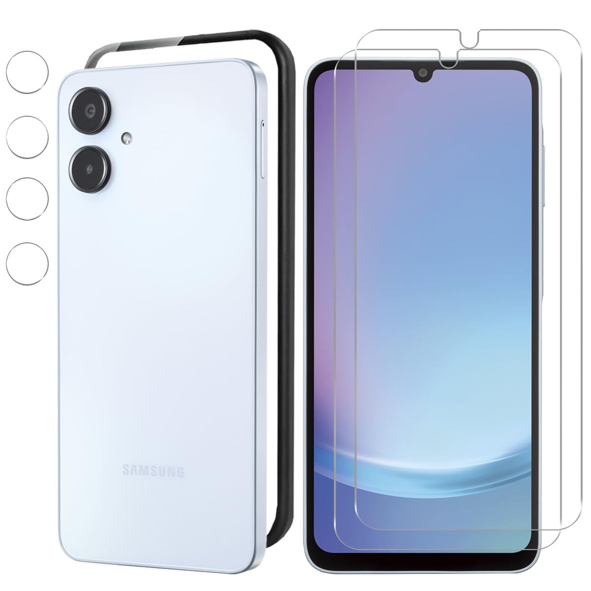 Samsung Galaxy A25 フィルム【ガイド枠】- 旭硝子仕様 Galaxy A25 保護フィルム 2枚 + Galaxy A25カメラフィルム 2枚 Galaxy A25 用の 強化ガラスフィルム 硬度9H 高 透過率 耐衝撃 飛散防止 傷防止 気泡ゼロ 耐指紋 撥油性 自動吸着