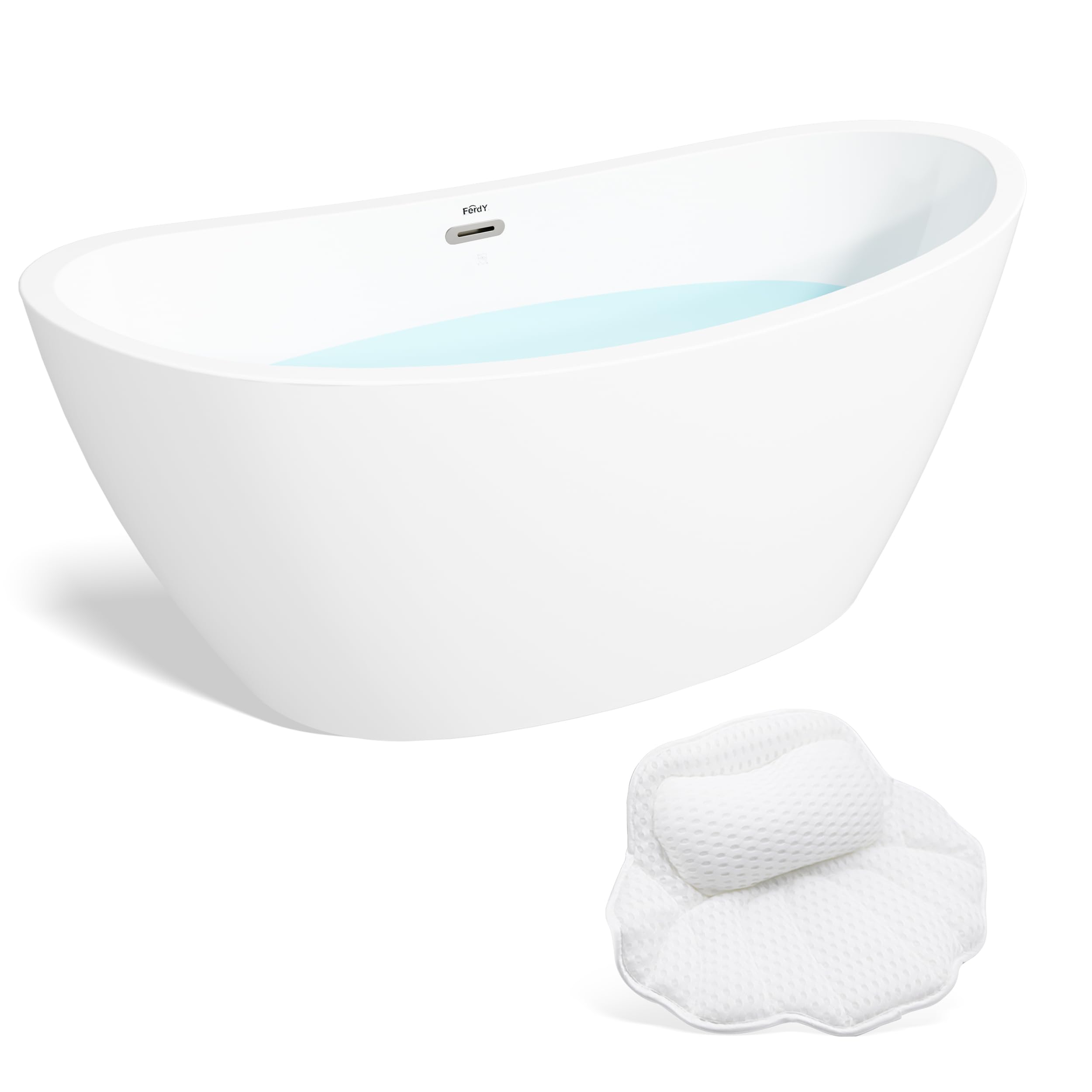 FerdY Naha 67" Acrylic Freestanding Bathtub with Headrest, Curve Edge Freestanding Soaking Bathtub, Glossy White, cUPC Certified, Toe-Tap Chrome Drain & Overflow & Bath Pillow Assembly Included