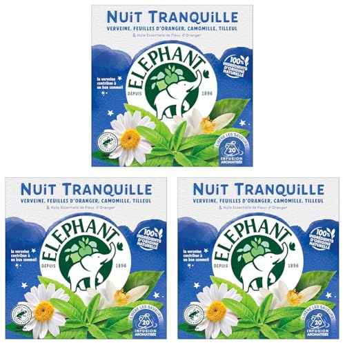 Elephant, Infusion Nuit tranquille, Goût Verveine, Camomille et Tilleuil, Certifié Rainforest Alliance, Ingrédients d'Origine 100% Naturelle, 20 Sachets Pyramid (Lot de 3)