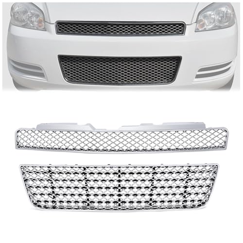 HECASA Upper & Lower Grille Grill Compatible with 2006-2013 Chevy Chevrolet Impala 2014-2016 Chevy Chevrolet Impala Limited Front Bumper Mesh Hood Chrome Grill