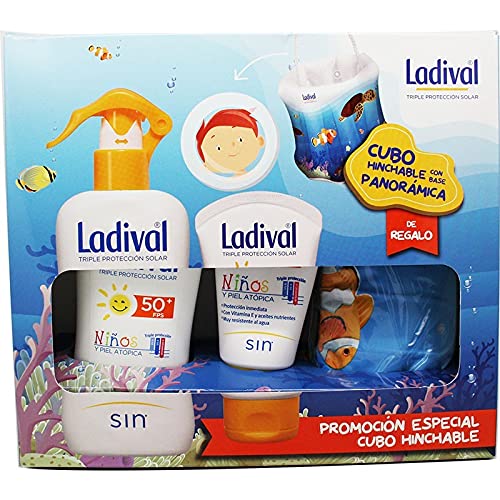 Pack Ladival niños: Spray leche SPF50 (alta) 200ml; leche SPF50+ (muy alta) 75 ml; Pelota de playa de regalo