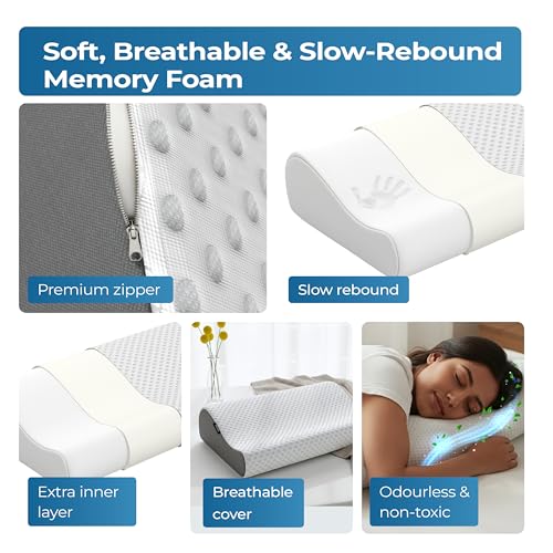 Image of Lifelong Memory Foam Cervical Pillow for Neck Support | Orthopedic Contour Foam Pillow for Neck Pain with Breathable Cover | Fits Side & Back Sleepers | Pain Relief for Adults | Comfortable Bed Pillow