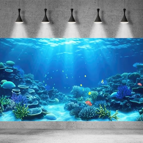 Image of Underwater Aquarium Background Coral Reef Tropical Fish Terrarium Background Deep Blue Ocean Sea Sunbeams Aquatic Plants Fish Tank Backdrop Poster Wallpaper Decorations Vinyl 36x18in