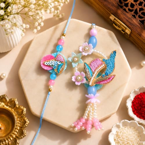 Image of CraftVatika Rakhi Combo Set for Brother and Bhabhi, Bhaiya Bhabhi Rakhi Set of 2, Designer Couple Pair Rakhis for Rakshabandhan, Fridge Magnet Gift with Best Wishes Greeting Card and Tillak Set