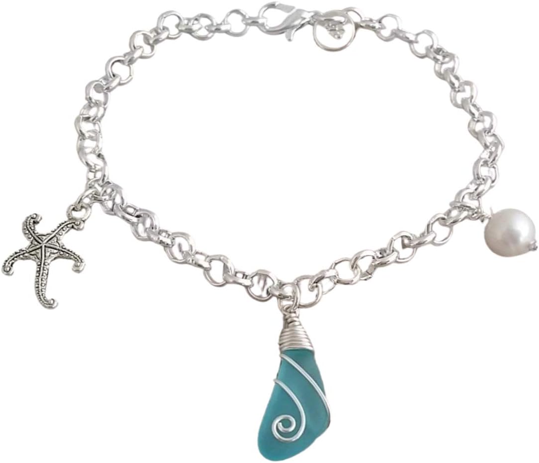 Handmade wire wrapped blue sea glass bracelet, starfish charm, Natural pearl, (Hawaii Gift Wrapped, Customizable Gift Message)